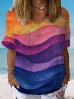Loose Short Sleeve Crew Neck Ombre Casual Regular Blouse
