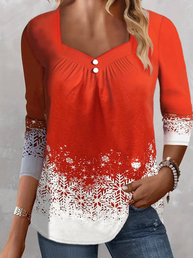 Casual Long Sleeve Square Neck Christmas Loose Regular Blouse
