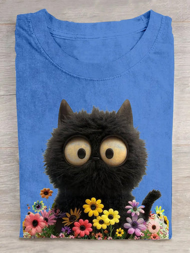 Casual Short Sleeve Crew Neck Cat Floral Loose Regular T-Shirt