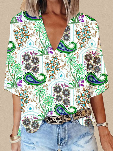 Casual Three Quarter Sleeve V Neck Paisley Loose Regular T-Shirt