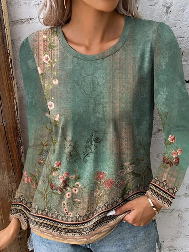 Casual Long Sleeve Crew Neck Floral Loose Regular Blouse
