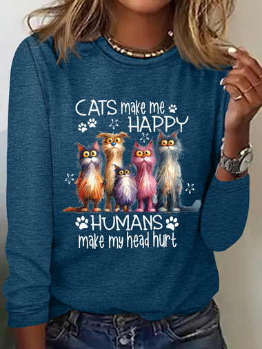 Casual Long Sleeve Crew Neck Text Letters Loose Regular Blouse