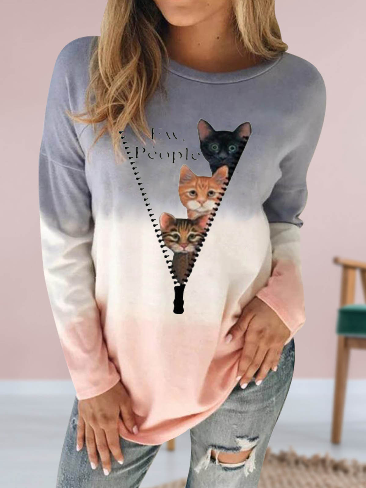Loose Long Sleeve Crew Neck Cat Casual Regular Blouse