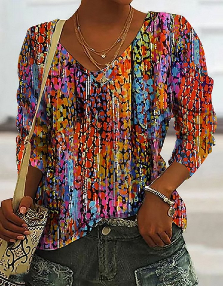 Loose Three Quarter Sleeve V Neck Abstract Casual Regular T-Shirt