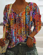 Loose Three Quarter Sleeve V Neck Abstract Casual Regular T-Shirt