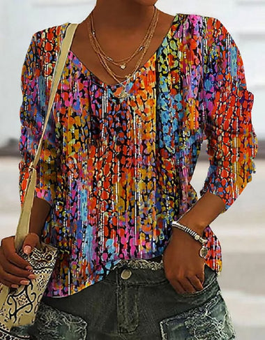 Loose Three Quarter Sleeve V Neck Abstract Casual Regular T-Shirt