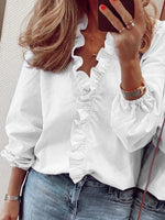 Casual Long Sleeve V Neck Plain Loose Regular Blouse
