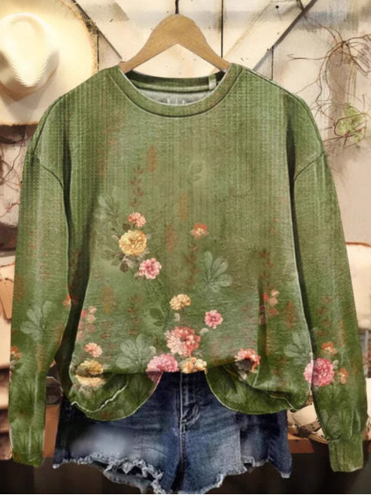Loose Long Sleeve Crew Neck Ethnic Floral Casual Regular Sweatshirt