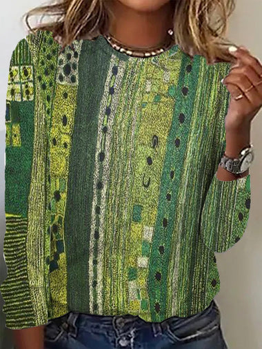 Casual Long Sleeve Crew Neck Ethnic Loose Regular T-Shirt