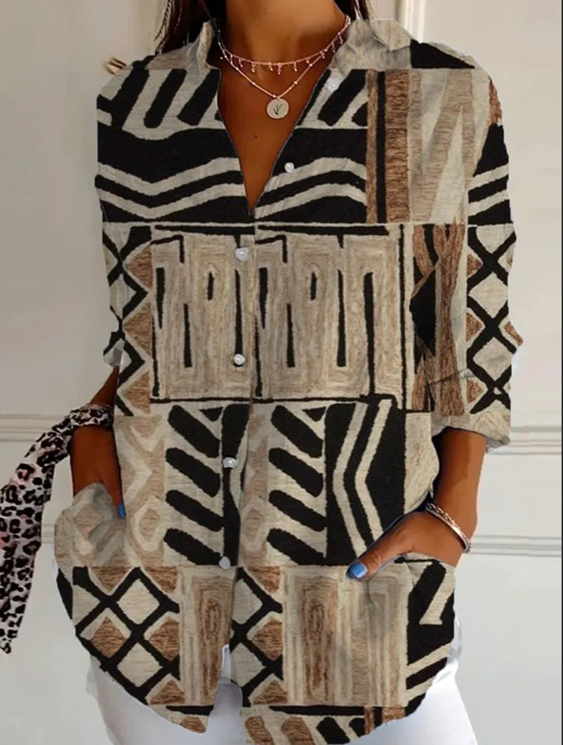 Casual Long Sleeve Shirt Collar Geometric Loose Regular Shirt