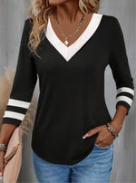Casual Long Sleeve V Neck Black And White Colorblock Regular T-Shirt