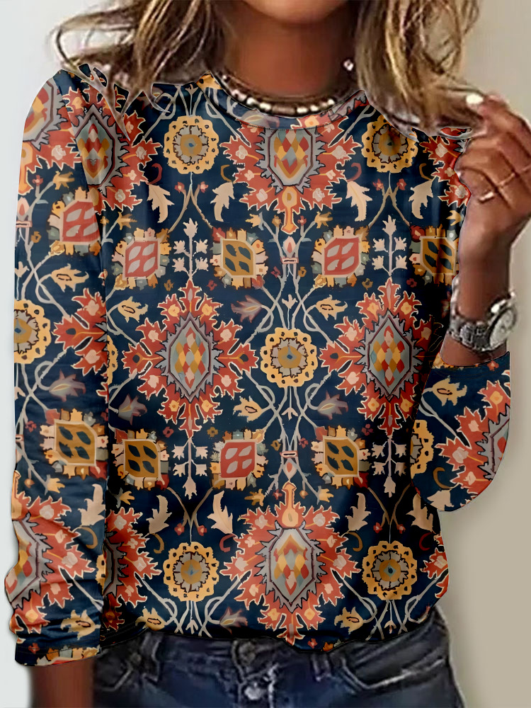 Loose Long Sleeve Crew Neck Ethnic Casual Regular T-Shirt