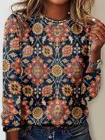 Loose Long Sleeve Crew Neck Ethnic Casual Regular T-Shirt