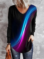 Loose Long Sleeve V Neck Abstract Casual Mid-Long T-Shirt