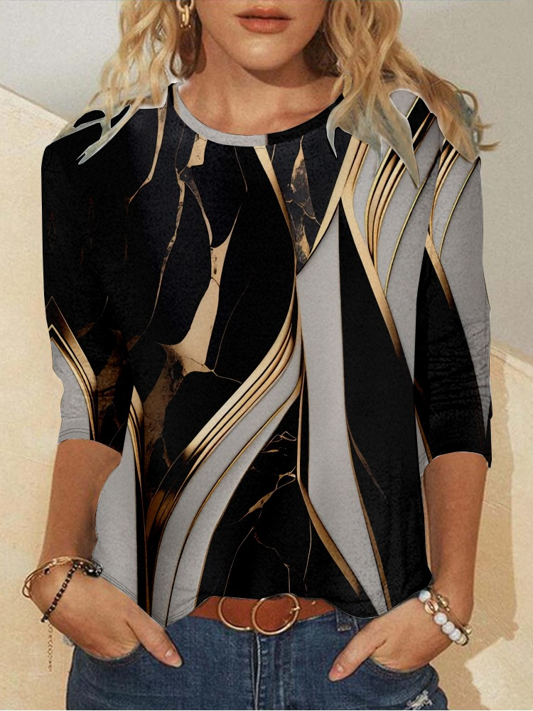 Casual Long Sleeve Crew Neck Geometric Loose Regular T-Shirt