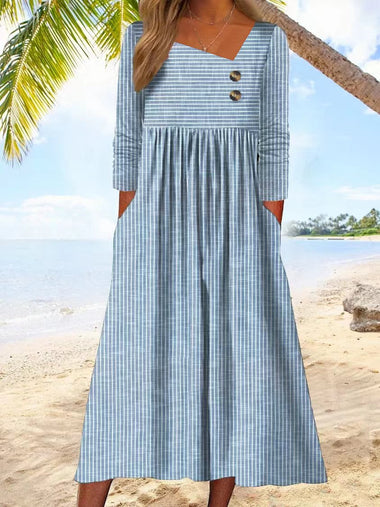 Casual Long Sleeve Asymmetrical Striped Maxi Dress