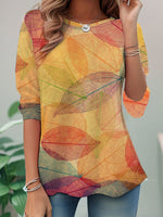 Casual Long Sleeve Crew Neck Leaf Loose Regular T-Shirt