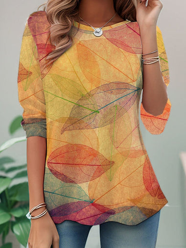 Casual Long Sleeve Crew Neck Leaf Loose Regular T-Shirt