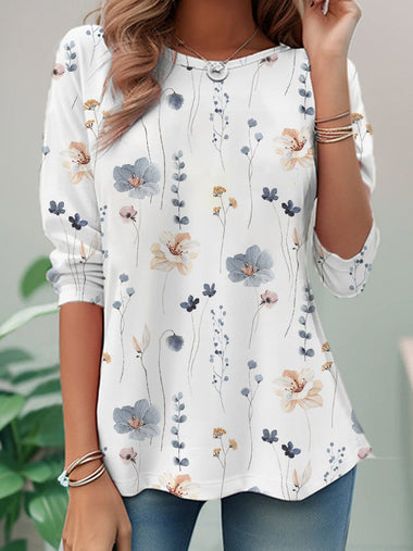 Casual Long Sleeve Crew Neck Floral Loose Regular Blouse