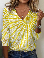 Long Sleeve V Neck Geometric Casual Regular T-Shirt