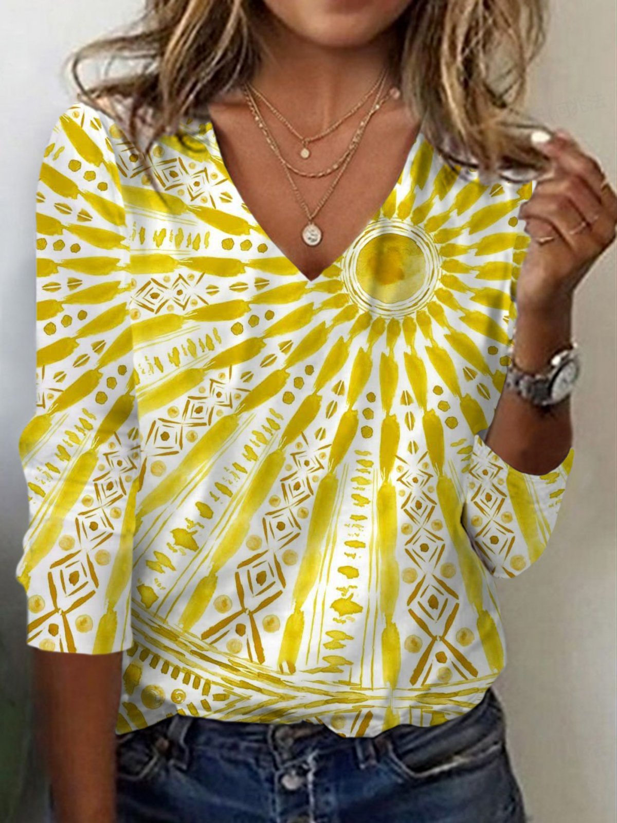 Long Sleeve V Neck Geometric Casual Regular T-Shirt