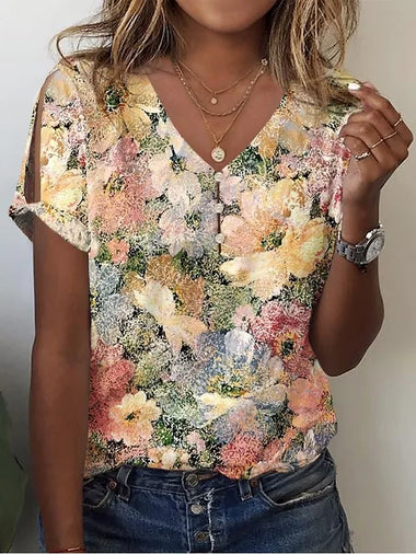 Casual Short Sleeve V Neck Floral Loose Regular T-Shirt