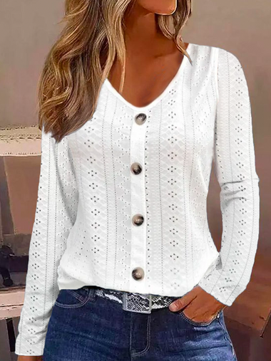 Loose Long Sleeve V Neck Plain Casual Regular Blouse