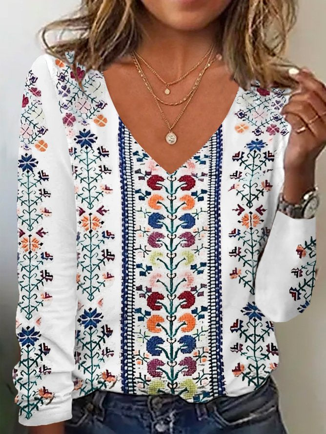 Casual Long Sleeve V Neck Floral Loose Regular T-Shirt