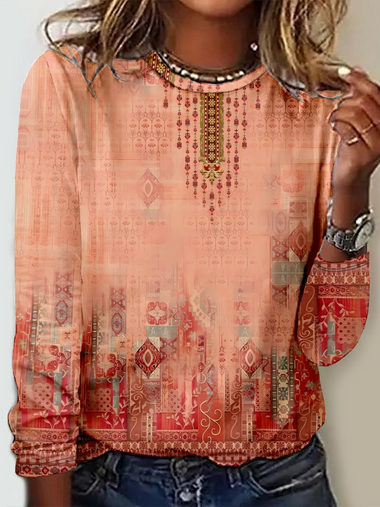 Loose Long Sleeve Crew Neck Ethnic Casual Regular T-Shirt