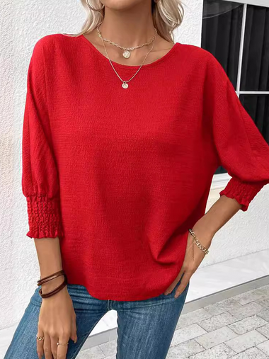 Loose Three Quarter Sleeve Crew Neck Plain Casual Regular Blouse