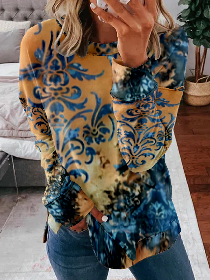 Casual Long Sleeve Crew Neck Ethnic Zipper Loose Regular Sweatshirt