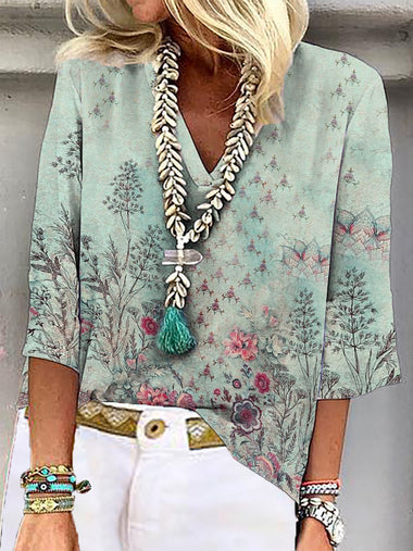 Casual Three Quarter Sleeve V Neck Floral Loose Regular Blouse