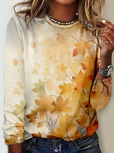 Casual Long Sleeve Crew Neck Maple Leaf Loose Regular T-Shirt