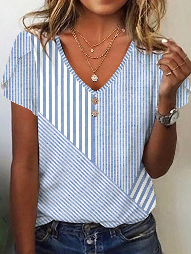 Casual Short Sleeve V Neck Abstract Stripes Loose Regular T-Shirt