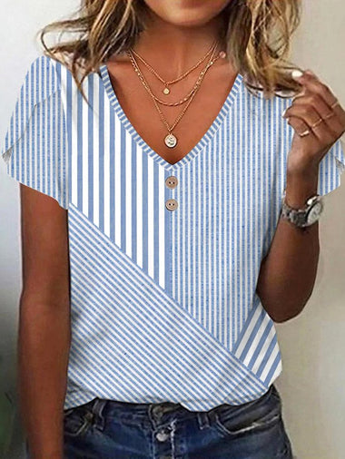 Casual Short Sleeve V Neck Abstract Stripes Loose Regular T-Shirt