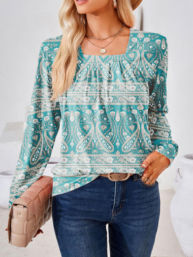 Loose Long Sleeve Square Neck Floral Casual Regular Blouse