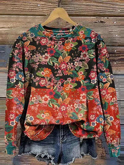 Loose Long Sleeve Crew Neck Ethnic Casual Regular Sweatshirt