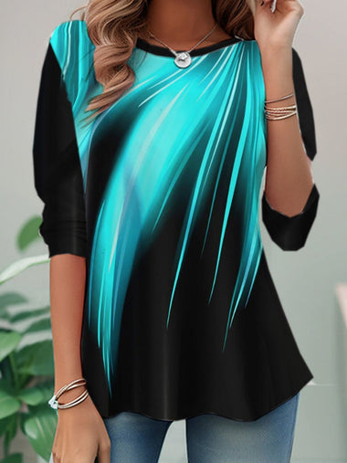 Loose Long Sleeve Crew Neck Abstract Casual Regular T-Shirt