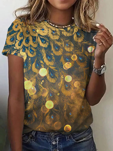Casual Short Sleeve Crew Neck Peacock Loose Regular T-Shirt