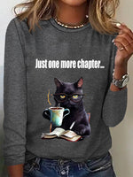 Casual Long Sleeve Crew Neck Cat Loose Regular T-Shirt