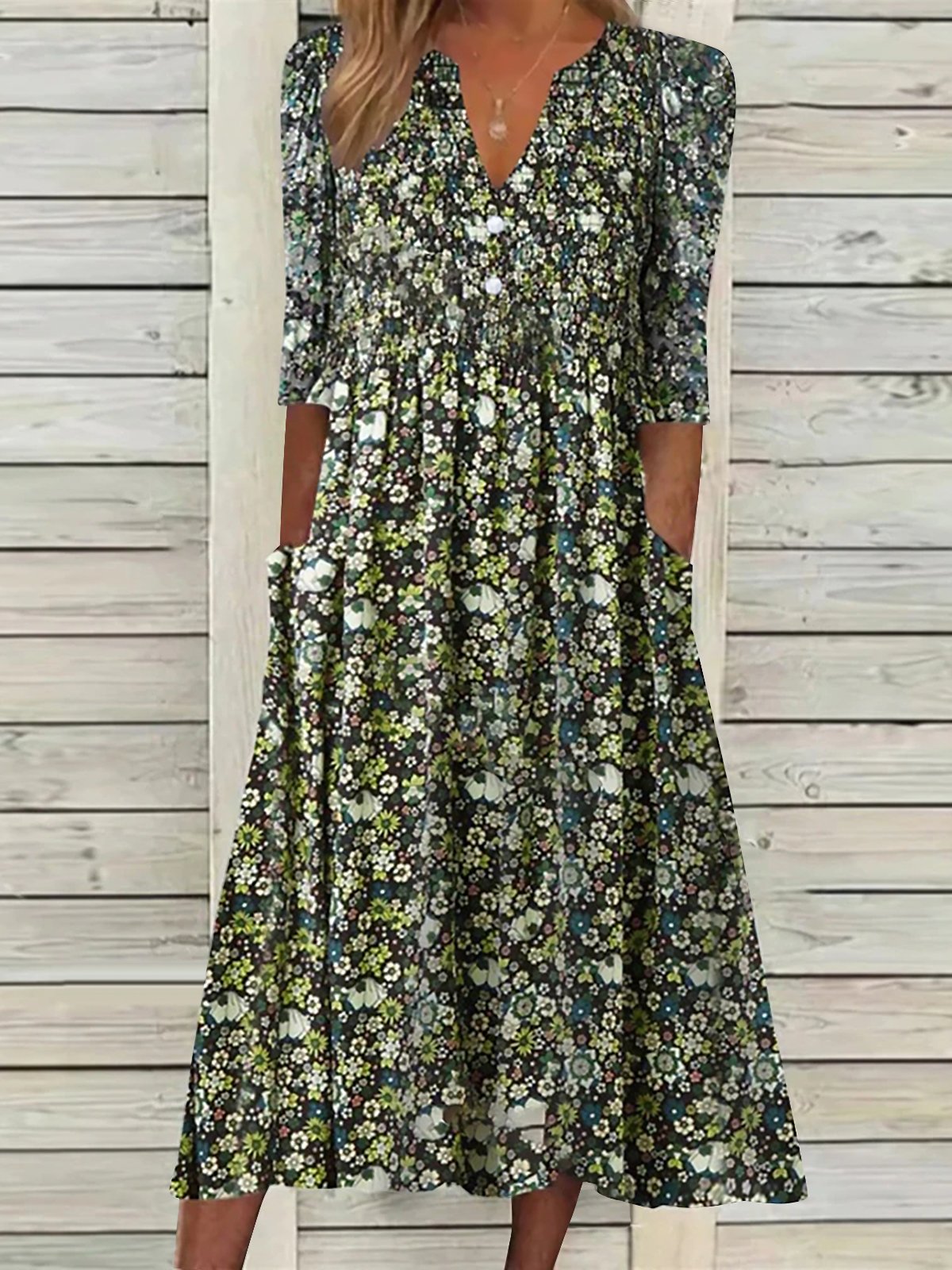 Casual Short Sleeve V Neck Floral Midi Dress