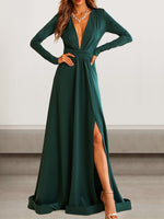 Sexy Long Sleeve V Neck Plain Tight Maxi Dress