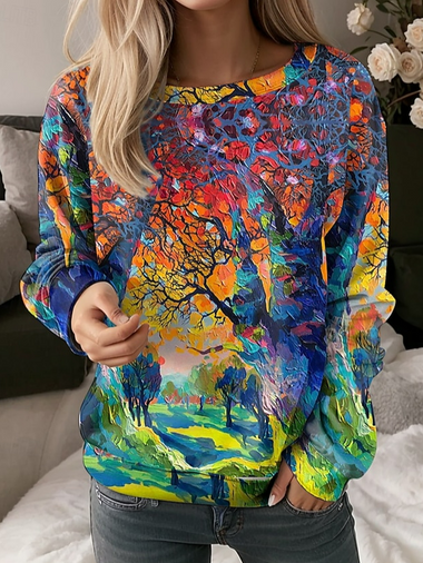 Casual Long Sleeve Crew Neck Abstract Loose Regular Sweatshirt