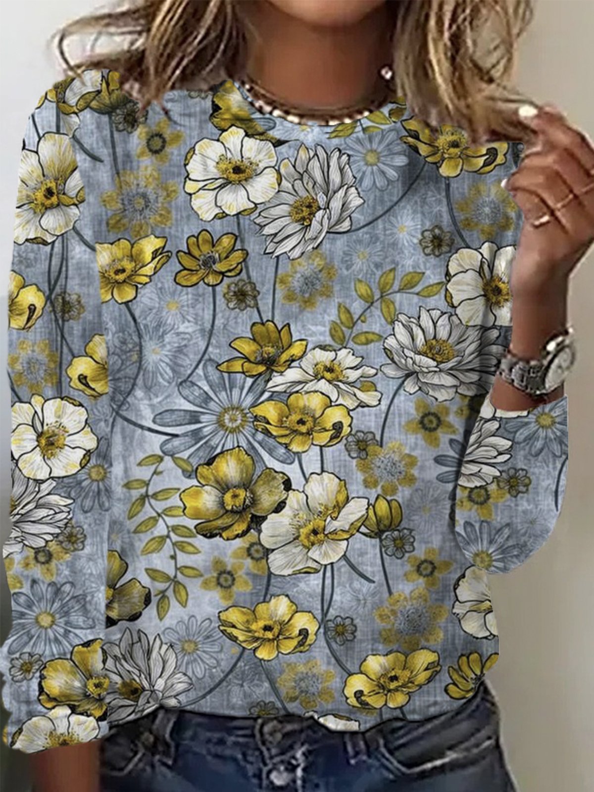 Casual Long Sleeve Crew Neck Floral Loose Regular T-Shirt