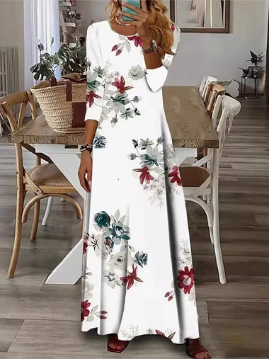 Casual Long Sleeve Crew Neck Floral Maxi Dress