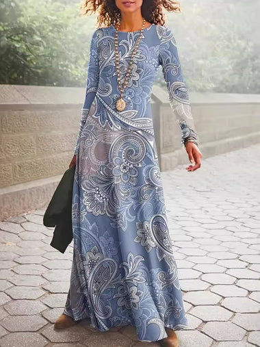 Casual Long Sleeve Crew Neck Ethnic Loose Maxi Dress
