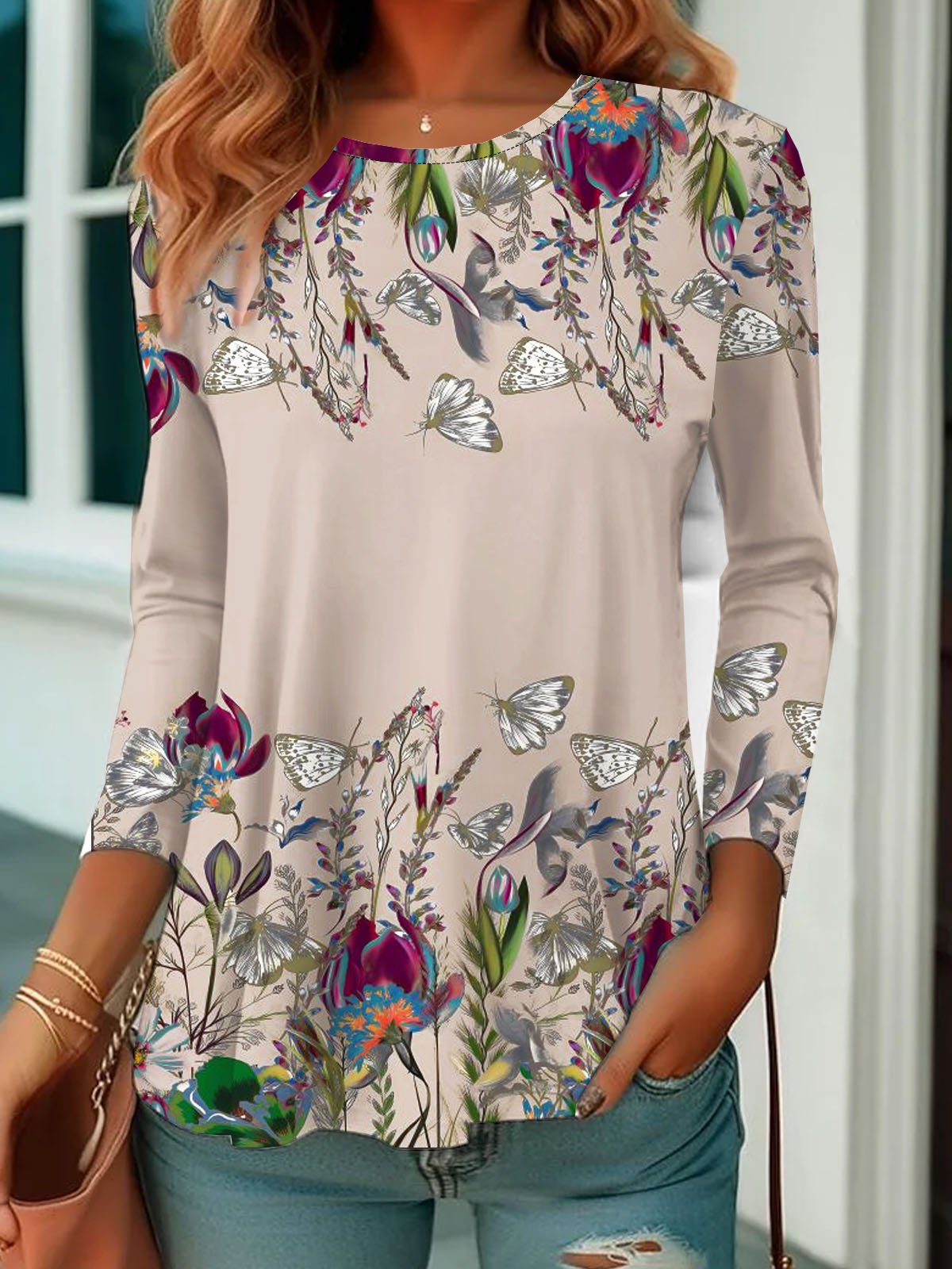 Loose Long Sleeve Crew Neck Floral Casual Regular T-Shirt