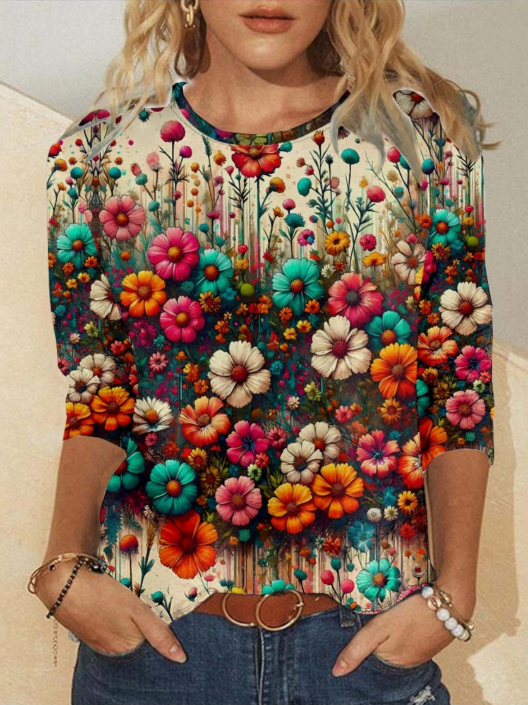 Loose Long Sleeve Crew Neck Floral Casual Regular T-Shirt