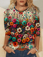 Loose Long Sleeve Crew Neck Floral Casual Regular T-Shirt
