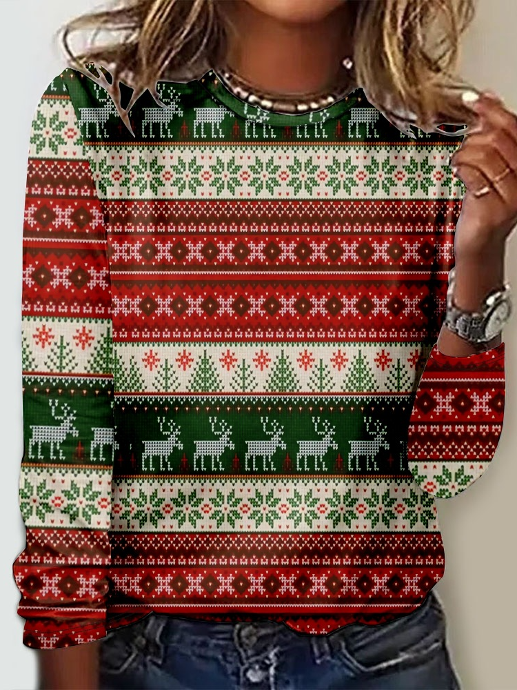 Casual Long Sleeve Crew Neck Christmas Loose Regular T-Shirt